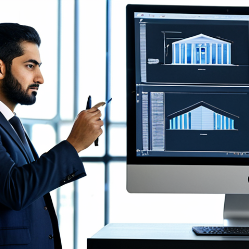 Home 4 A focused male Arab professional engineer, dressed in a modest, dark business suit, actively collaborating on a complex digital building information modeling (BIM) project displayed on a large, interactive touchscreen in a modern, well-lit architectural studio. The studio features sleek desks and multiple monitors, emphasizing advanced technology and innovative design. He holds a digital pen, pointing at a detailed blueprint. Fully clothed, appropriate attire, safe for work, perfect anatomy, correct proportions, natural pose, well-formed hands, proper finger count, natural body proportions, professional photography, high quality, family-friendly.