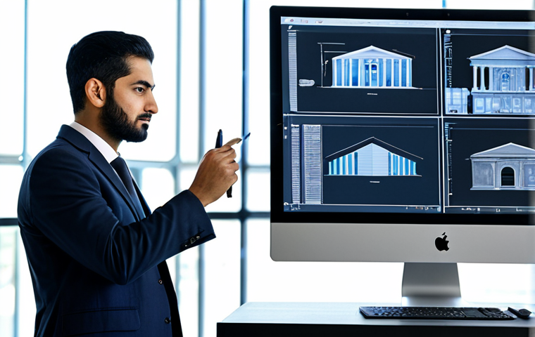 A focused male Arab professional engineer, dressed in a modest, dark business suit, actively collaborating on a complex digital building information modeling (BIM) project displayed on a large, interactive touchscreen in a modern, well-lit architectural studio. The studio features sleek desks and multiple monitors, emphasizing advanced technology and innovative design. He holds a digital pen, pointing at a detailed blueprint. Fully clothed, appropriate attire, safe for work, perfect anatomy, correct proportions, natural pose, well-formed hands, proper finger count, natural body proportions, professional photography, high quality, family-friendly.