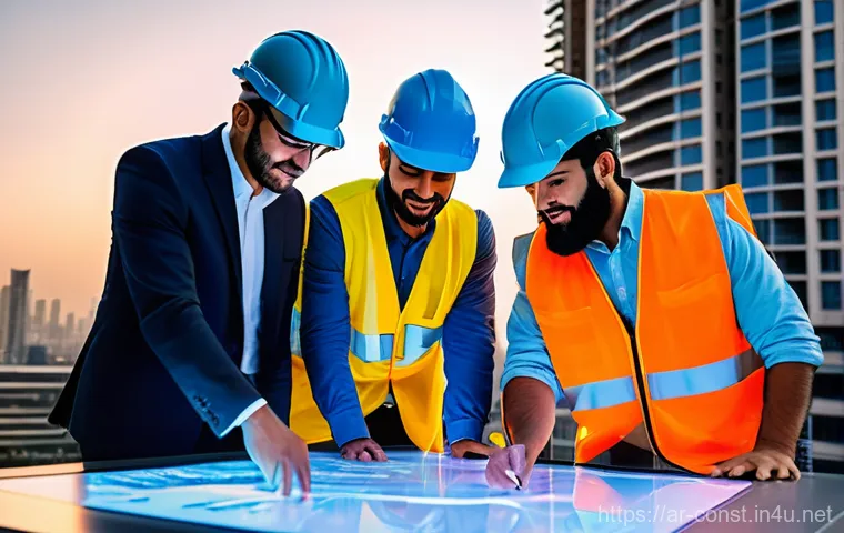 시공 전문가의 외국어 학습 필요성 - **Prompt:** A vibrant, diverse team of male and female construction professionals, wearing clean saf...