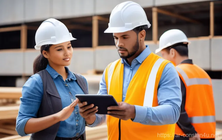 시공 전문가의 외국어 학습 필요성 - **Prompt:** A vibrant, diverse team of male and female construction professionals, wearing clean saf...