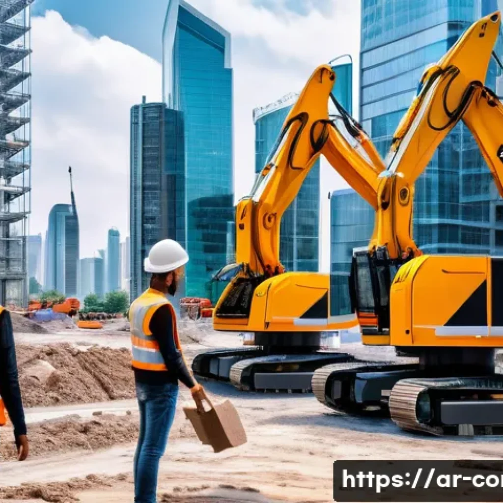 시공 분야에서의 기술 발전 - A futuristic, high-tech construction site bustling with activity in a modern city skyline, possibly ...