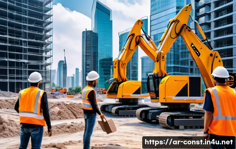 시공 분야에서의 기술 발전 - A futuristic, high-tech construction site bustling with activity in a modern city skyline, possibly ...