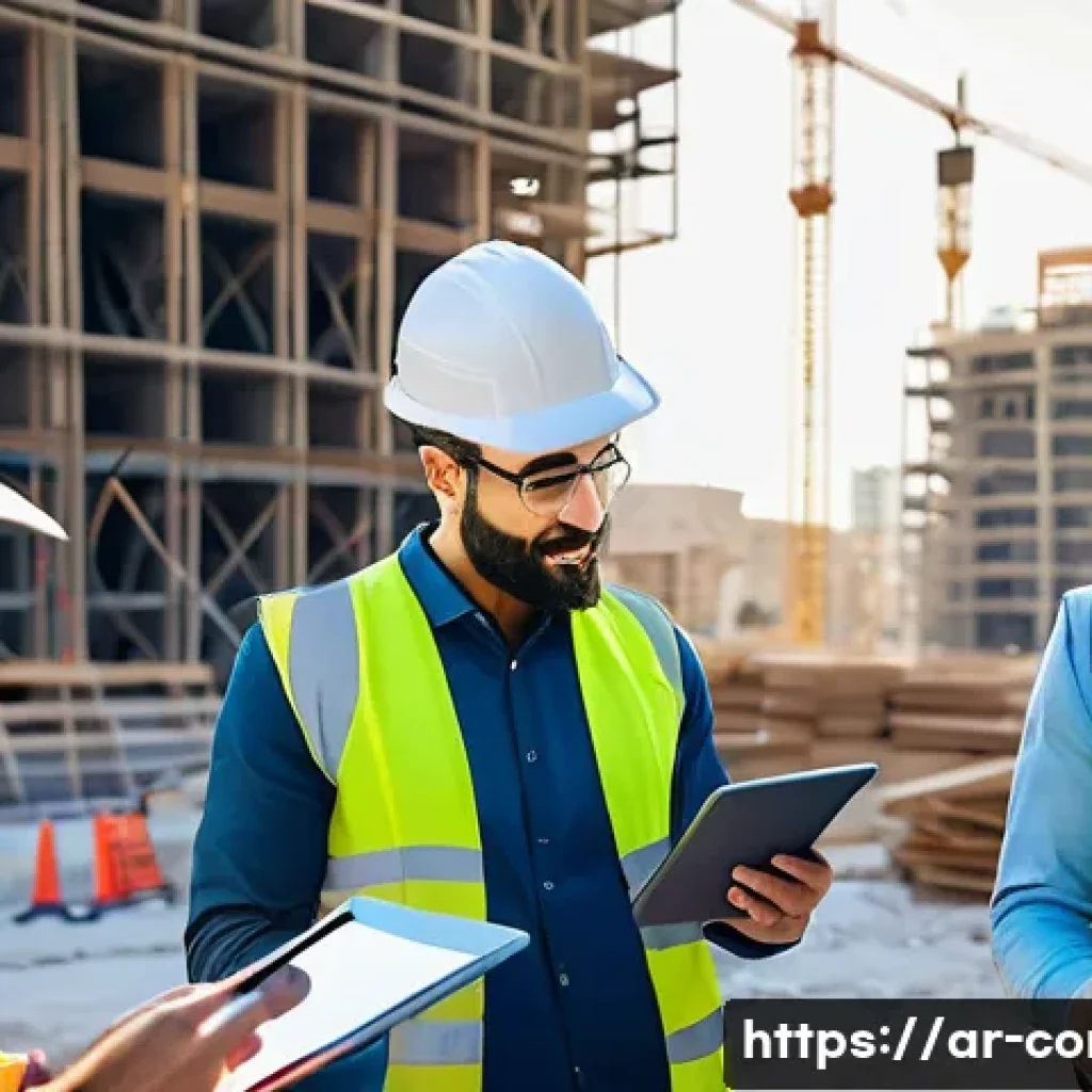 시공 전문가가 알아야 할 공사 기간 단축 노하우 - A professional Middle Eastern construction team in modern workwear and safety helmets, coordinating ...