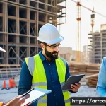 시공 전문가가 알아야 할 공사 기간 단축 노하우 - A professional Middle Eastern construction team in modern workwear and safety helmets, coordinating ...