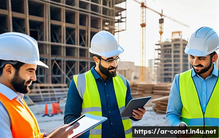 시공 전문가가 알아야 할 공사 기간 단축 노하우 - A professional Middle Eastern construction team in modern workwear and safety helmets, coordinating ...