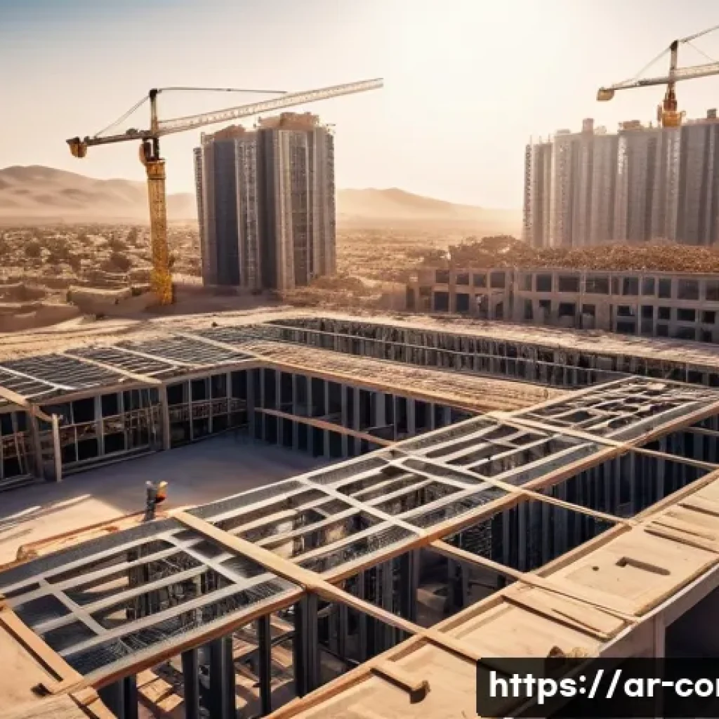 건축 시공의 역사와 발전 - A modern urban construction site in a Middle Eastern city, showcasing a high-rise building under con...