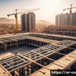 건축 시공의 역사와 발전 - A modern urban construction site in a Middle Eastern city, showcasing a high-rise building under con...