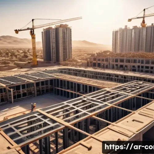 건축 시공의 역사와 발전 - A modern urban construction site in a Middle Eastern city, showcasing a high-rise building under con...