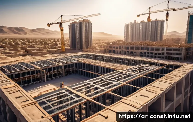 건축 시공의 역사와 발전 - A modern urban construction site in a Middle Eastern city, showcasing a high-rise building under con...