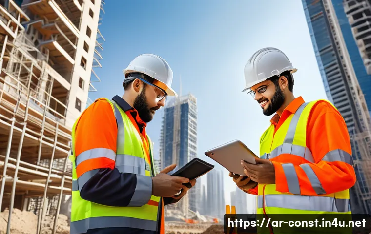 시공현장에서 발생한 업무 사례 - A detailed construction site scene in the Middle East during daytime, featuring a diverse team of en...