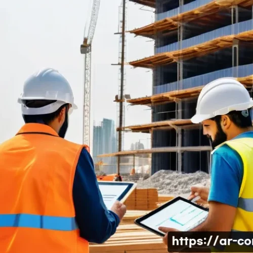 건축 시공 프로젝트 성공 사례 - A detailed construction site scene in the Middle East featuring diverse Arab engineers, workers, and...