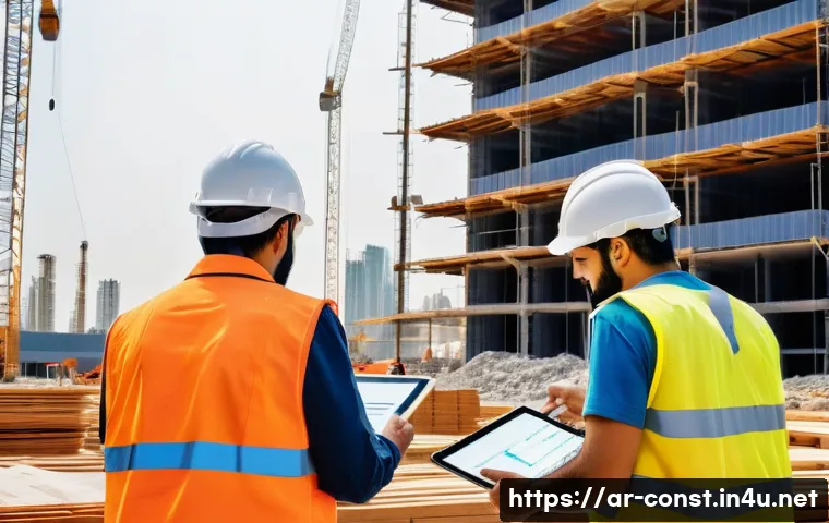 건축 시공 프로젝트 성공 사례 - A detailed construction site scene in the Middle East featuring diverse Arab engineers, workers, and...