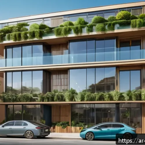 건축 시공과 지속 가능성 사례 - A modern urban building showcasing smart integration of AI and IoT technologies, featuring solar pan...