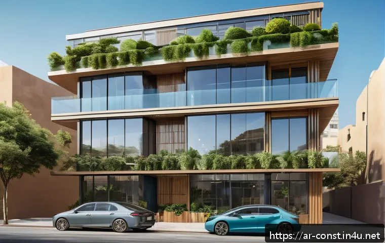 건축 시공과 지속 가능성 사례 - A modern urban building showcasing smart integration of AI and IoT technologies, featuring solar pan...