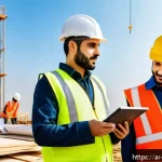 건축 시공 분야의 직업윤리 - A professional Middle Eastern construction site scene featuring a diverse team of Arab engineers and...