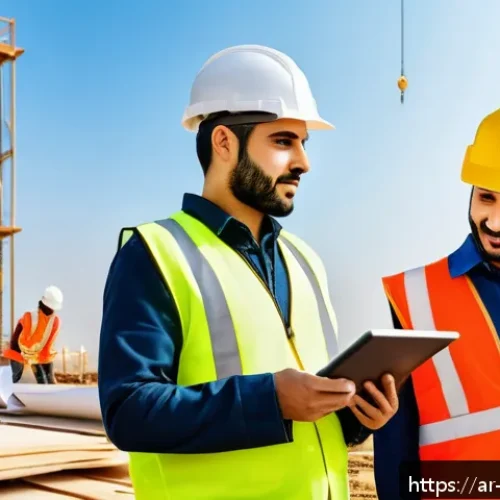 건축 시공 분야의 직업윤리 - A professional Middle Eastern construction site scene featuring a diverse team of Arab engineers and...