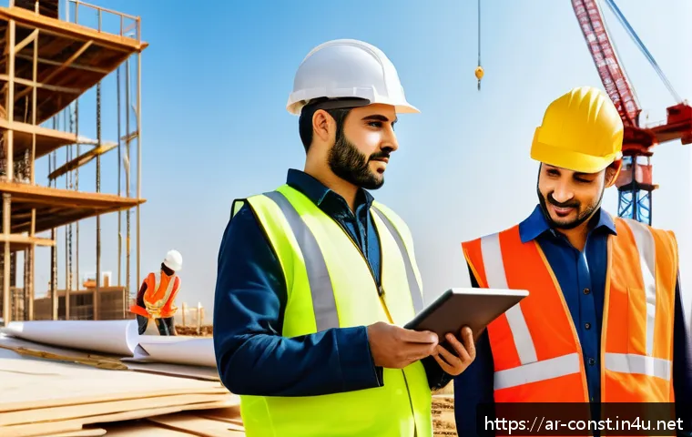 건축 시공 분야의 직업윤리 - A professional Middle Eastern construction site scene featuring a diverse team of Arab engineers and...