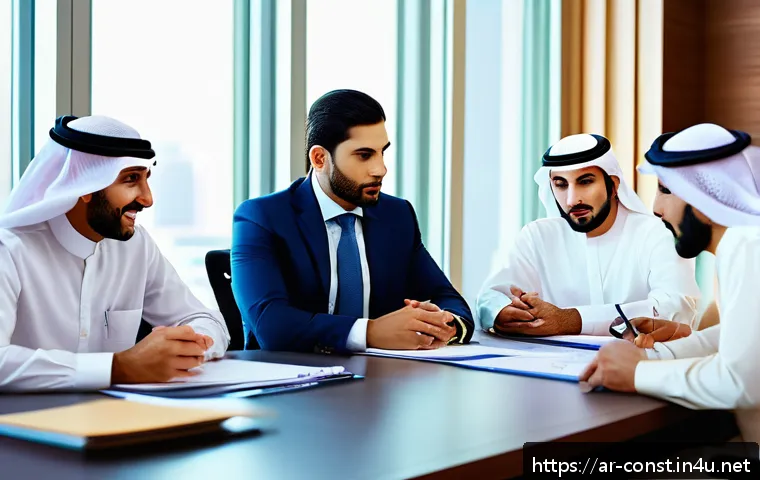 시공 전문가가 알아야 할 계약서 작성법 - A professional Middle Eastern business meeting scene focused on contract drafting and negotiation, f...